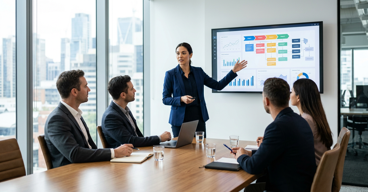 Reunião de vendas B2B com apresentação de proposta comercial