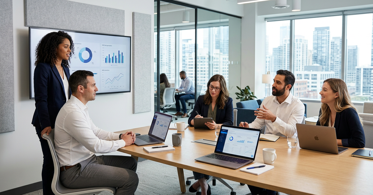 Equipe de vendas B2B trabalhando com leads qualificados