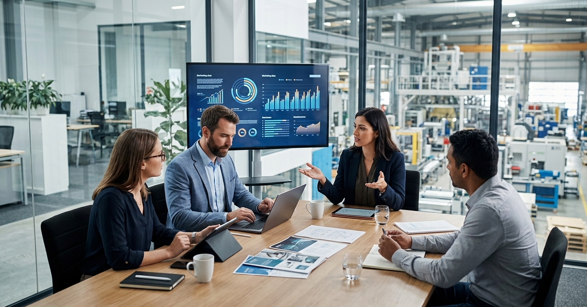 Reunião estratégica de marketing B2B para indústria e manufatura