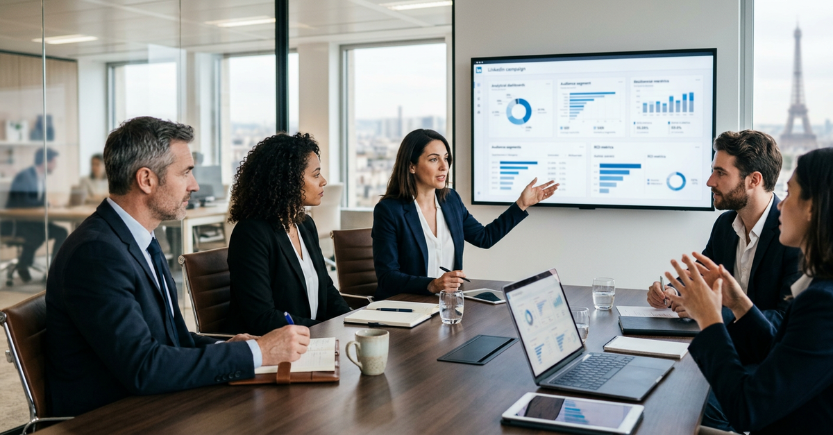 Reunião de planejamento estratégico para campanhas LinkedIn Ads