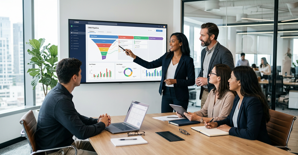 Reunião de vendas usando CRM para análise de pipeline e oportunidades
