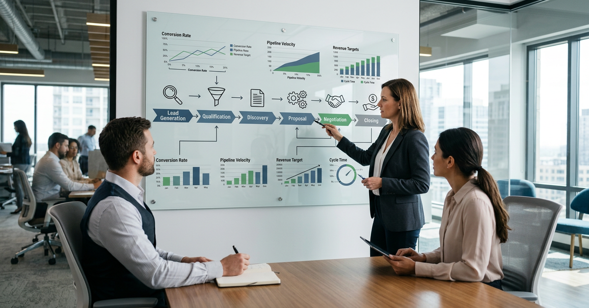 Processo comercial B2B estruturado com etapas definidas e métricas de performance