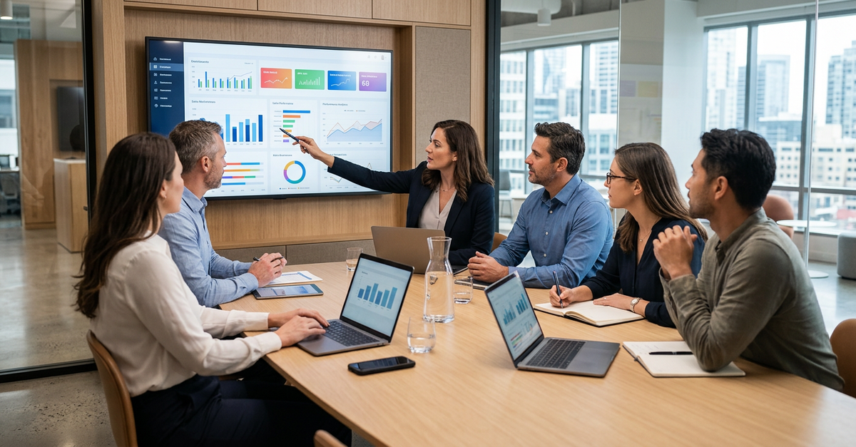 Equipe de vendas B2B analisando métricas de processo comercial