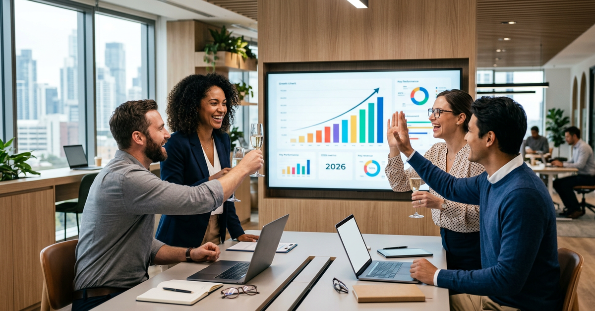 Equipe celebrando resultados de crescimento em SaaS B2B
