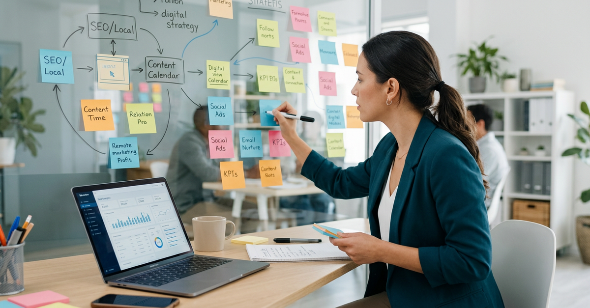 Dashboard de métricas de marketing digital para pequenas empresas mostrando ROI