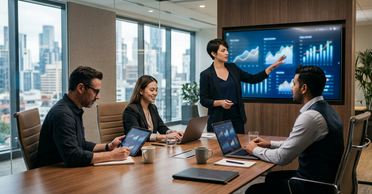 Equipe de vendas B2B utilizando tecnologia em reunião estratégica