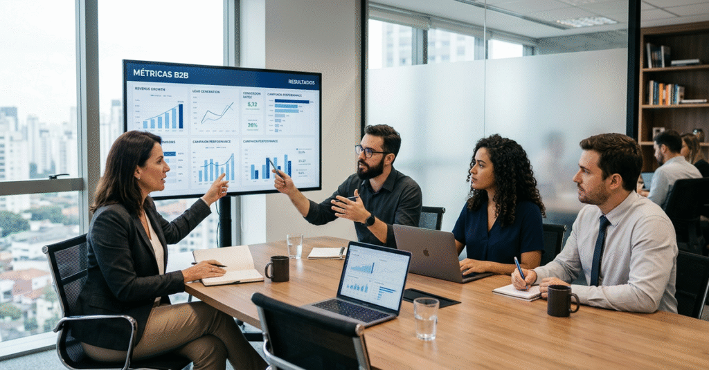 Agência de marketing digital B2B em reunião estratégica com cliente empresarial