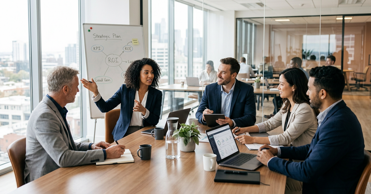 Equipe de marketing e vendas B2B colaborando em alinhamento estratégico