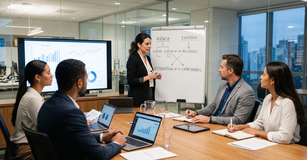 Comparativo agência marketing B2B versus equipe interna em reunião de planejamento estratégico