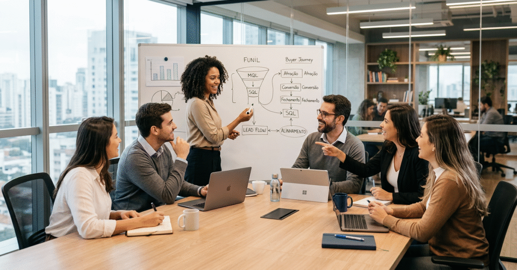 Equipes de marketing e vendas trabalhando juntas em smarketing