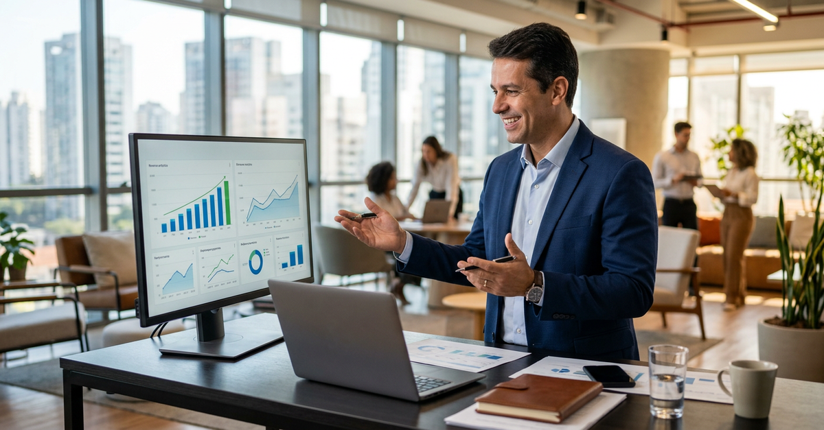 Empresário B2B comemorando resultados após consultoria de vendas