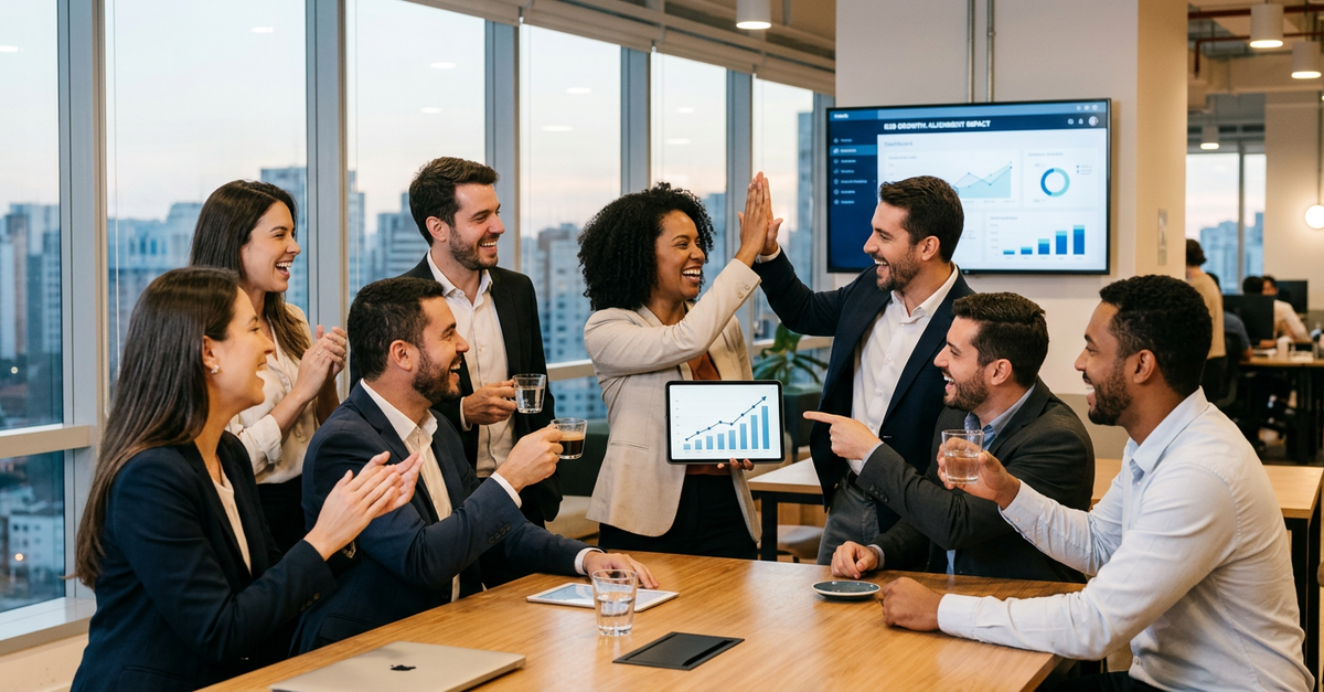Equipe integrada de marketing e vendas B2B celebrando resultados
