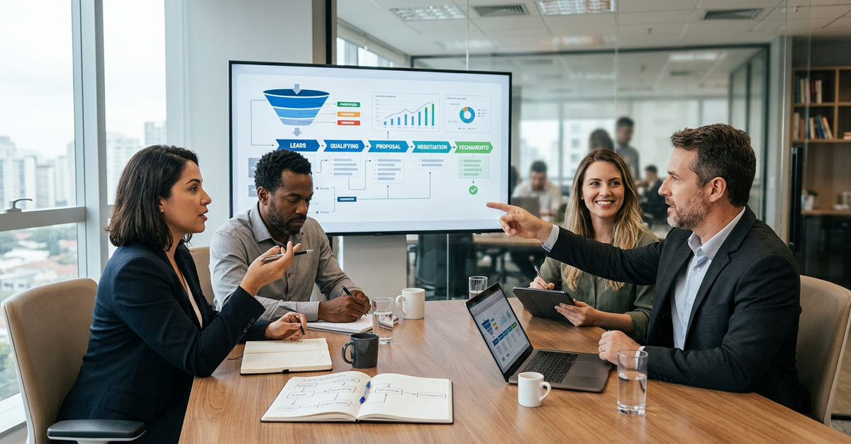 Equipe comercial B2B analisando processo de vendas previsível
