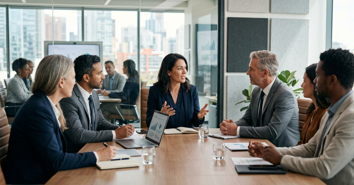 Reunião de vendas B2B com múltiplos decisores