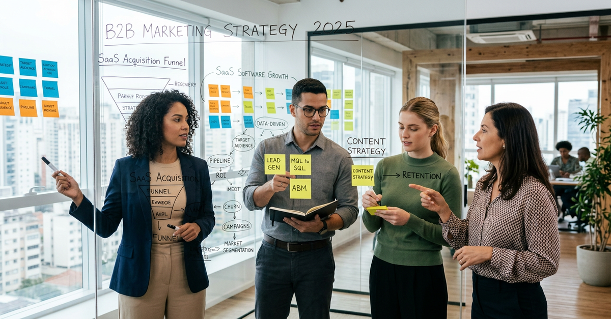 Equipe de agência de marketing B2B trabalhando em estratégia para empresa SaaS
