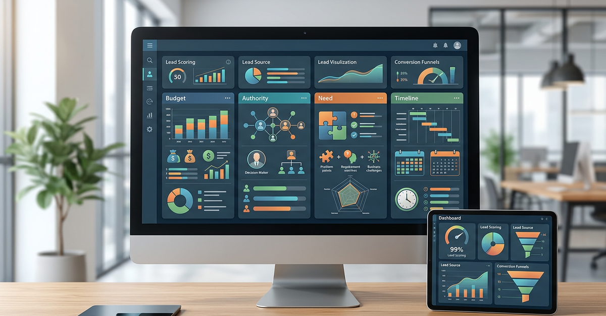 Dashboard de qualificação de leads B2B com métricas BANT