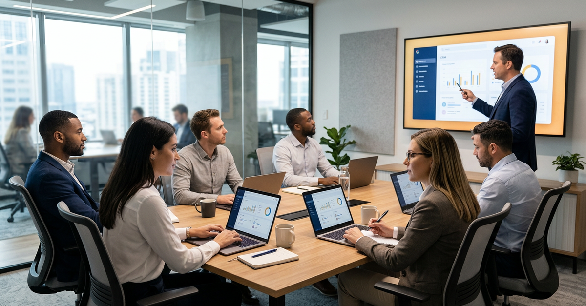 Equipe comercial em treinamento de CRM para implementação eficiente