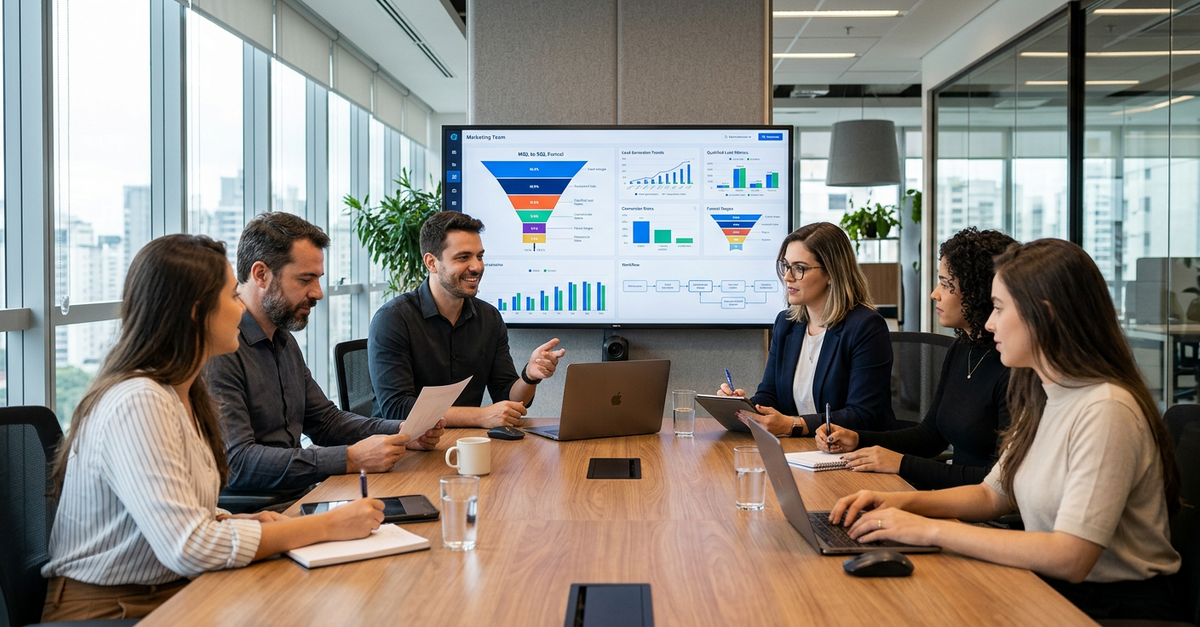 Reunião estratégica para análise de métricas de geração de leads qualificados B2B