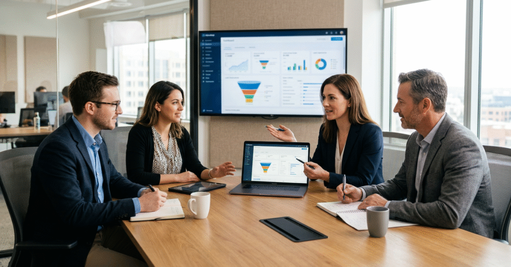 Reunião de qualificação de leads B2B entre equipes de marketing e vendas