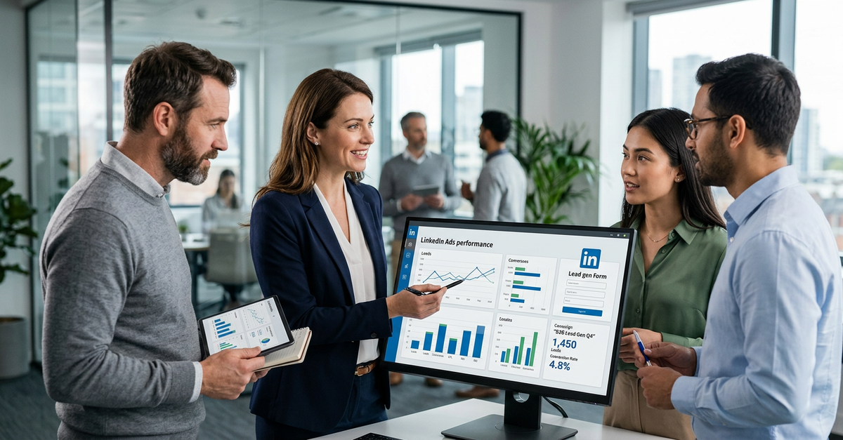 Equipe de vendas B2B analisando leads gerados por LinkedIn Ads
