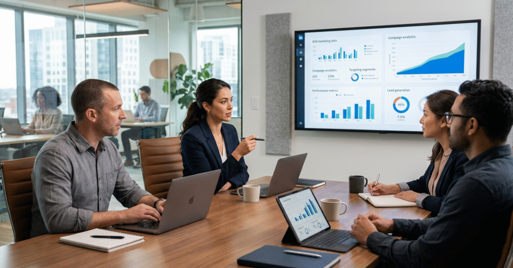 Profissionais em reunião analisando estratégias de LinkedIn Ads para empresas B2B