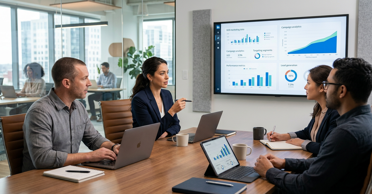 Profissionais em reunião analisando estratégias de LinkedIn Ads para empresas B2B