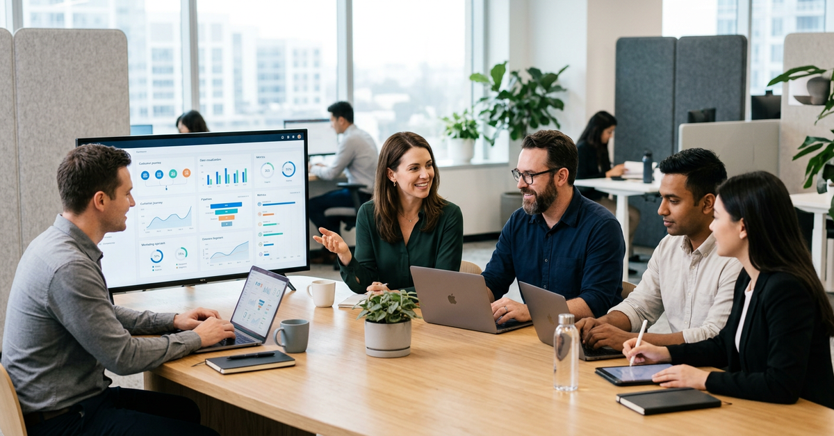 Equipes de marketing e vendas B2B trabalhando com integração CRM