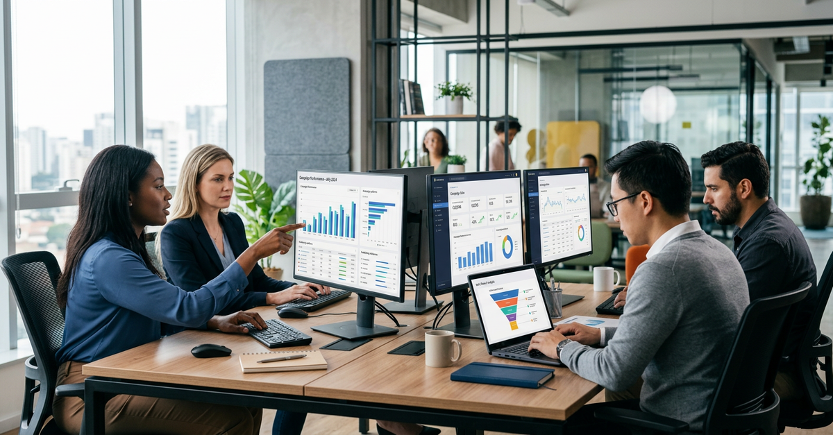 Equipe de marketing B2B trabalhando com agência em campanhas digitais