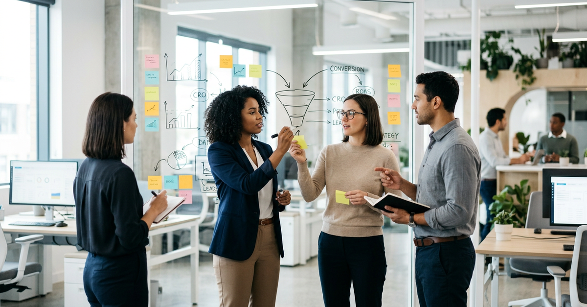Estratégia de marketing de performance sendo planejada em quadro