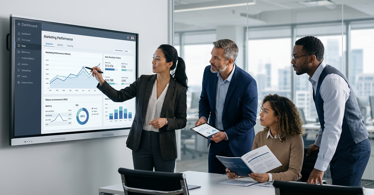 Reunião de negócios B2B com análise de dados e métricas de marketing