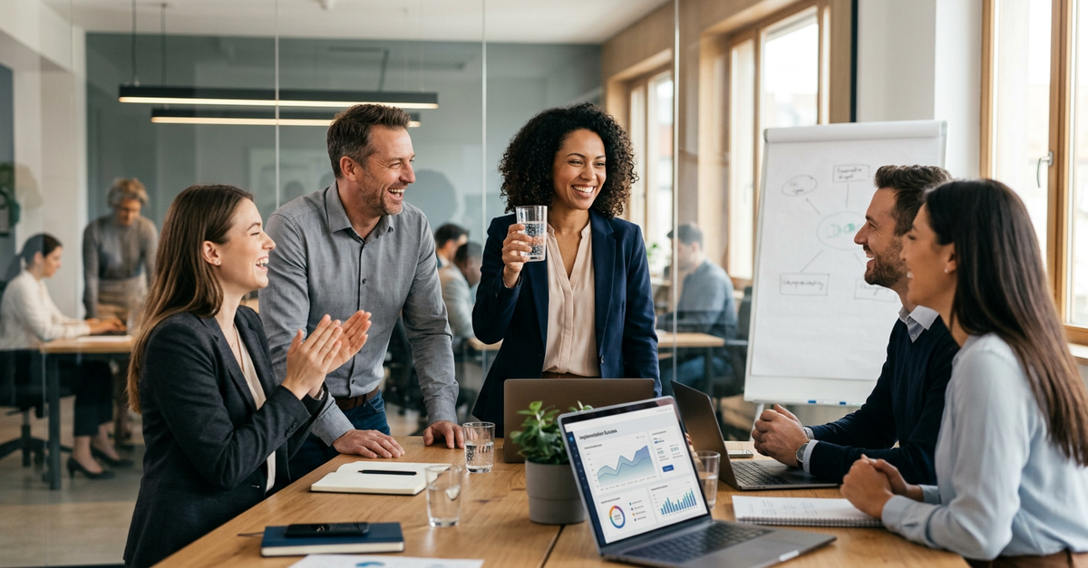 Equipe comemorando sucesso da implementação de CRM em empresa tradicional