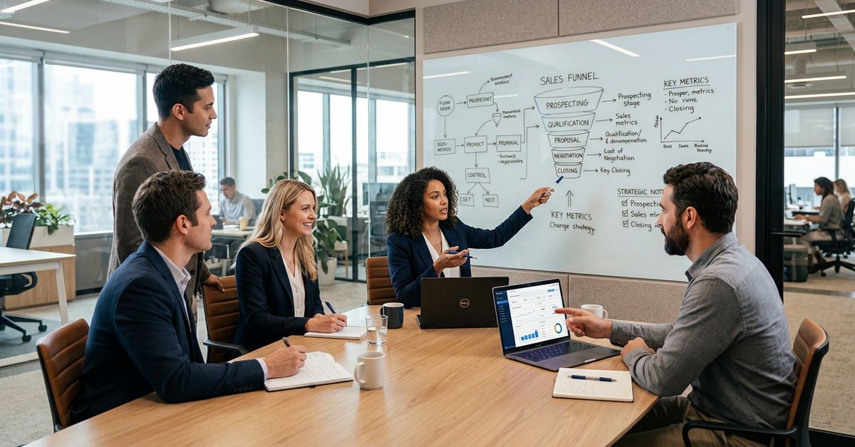 Equipe comercial B2B alinhando processos de vendas