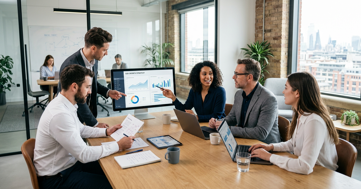 Equipe comercial e agência de marketing B2B trabalhando alinhadas para gerar resultados