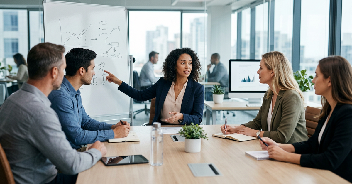 Reunião de alinhamento de equipe comercial B2B