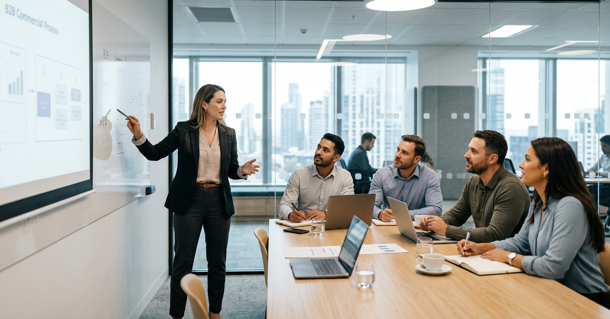 Equipe comercial B2B alinhada em processo estruturado de vendas