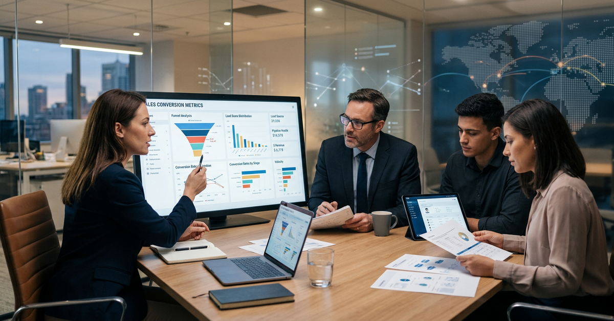 Equipe de vendas B2B analisando problemas de conversão de leads