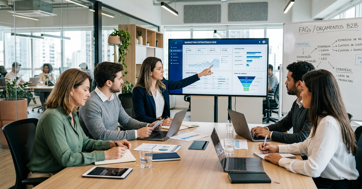 Equipe de agência de marketing B2B trabalhando em estratégia de geração de leads