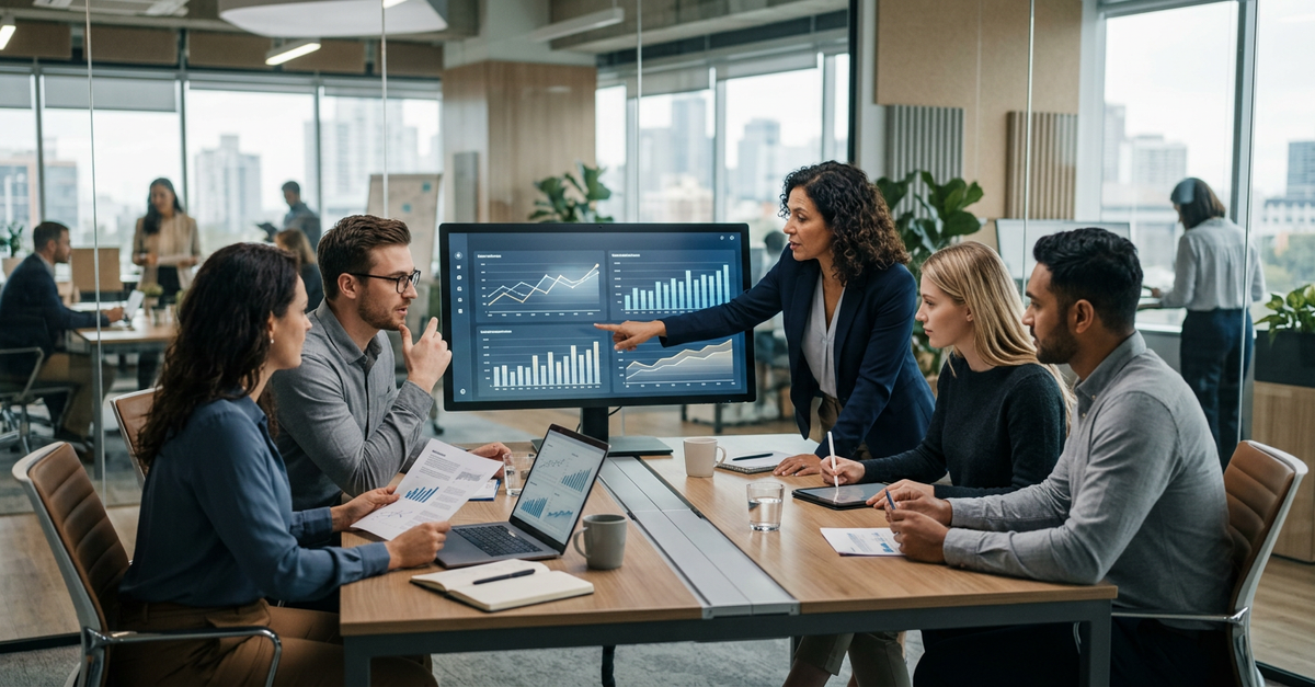 Equipe de consultoria B2B analisando benchmarks de vendas