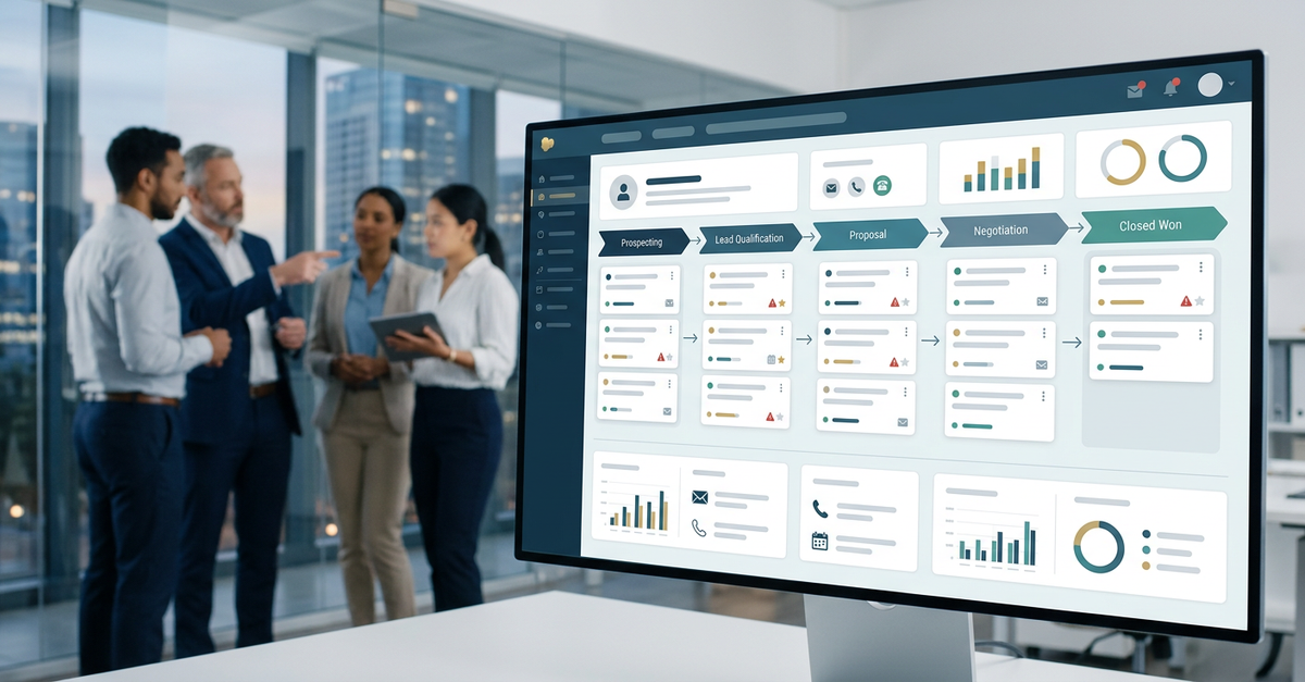 Dashboard de CRM para automação de vendas B2B mostrando pipeline comercial
