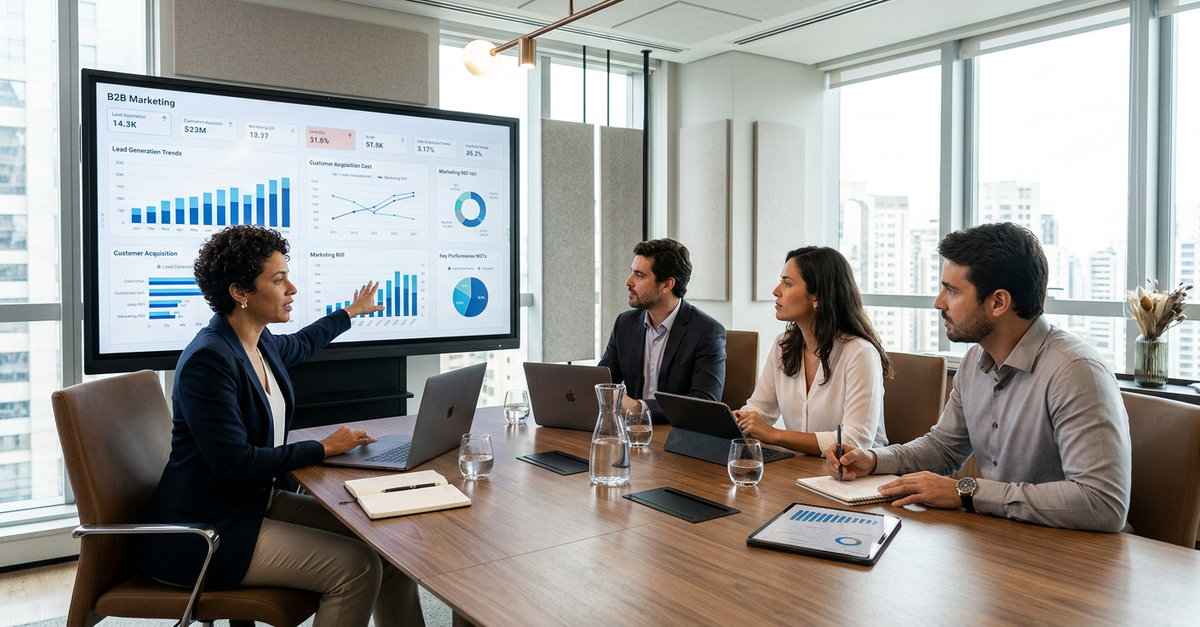 Reunião estratégica para escolher agência de marketing B2B com critérios técnicos