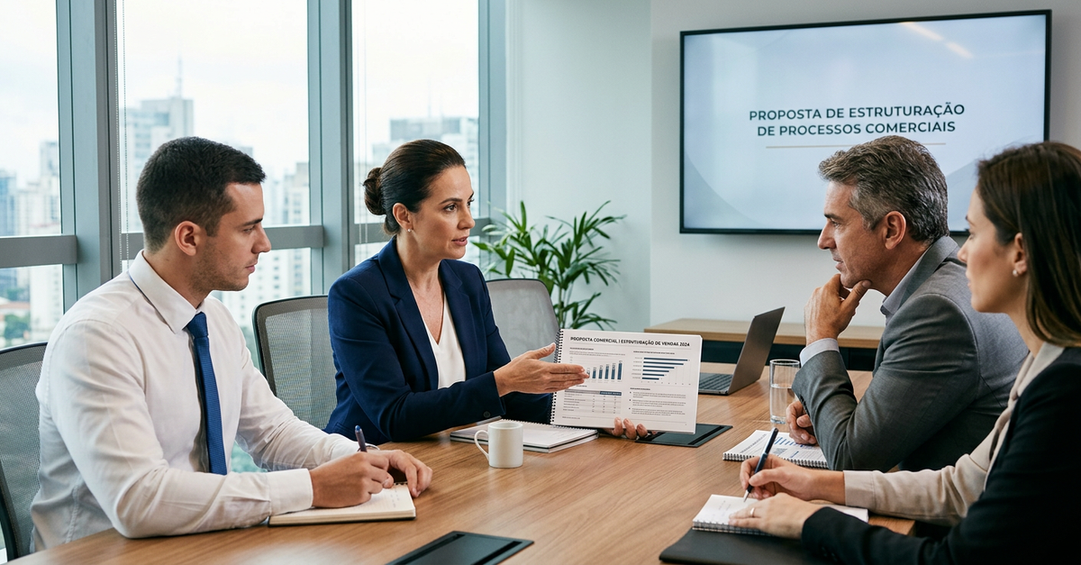 Reunião de consultoria comercial B2B com apresentação de resultados e investimento