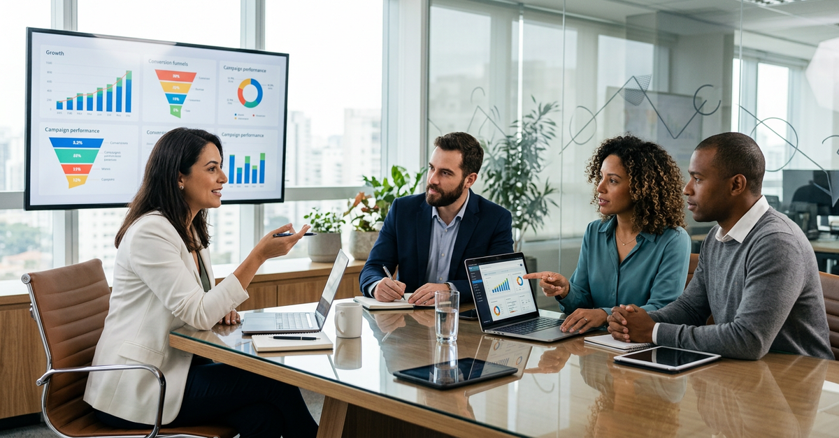Equipe de marketing e vendas B2B analisando ROI LinkedIn Ads em reunião