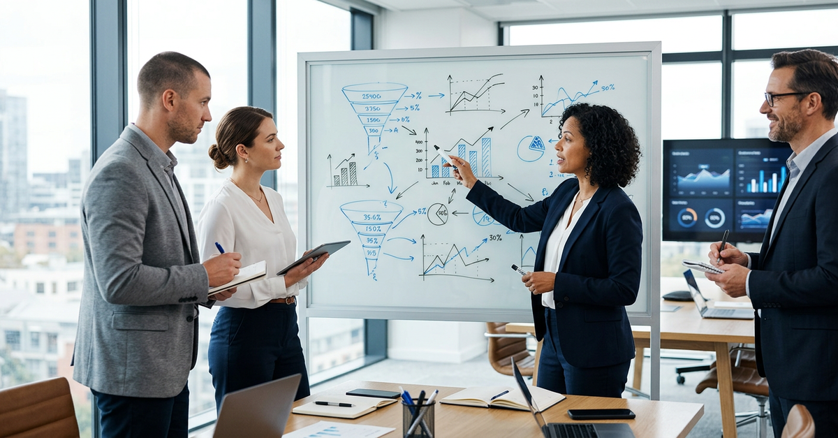 Equipe analisando métricas essenciais de vendas B2B em reunião