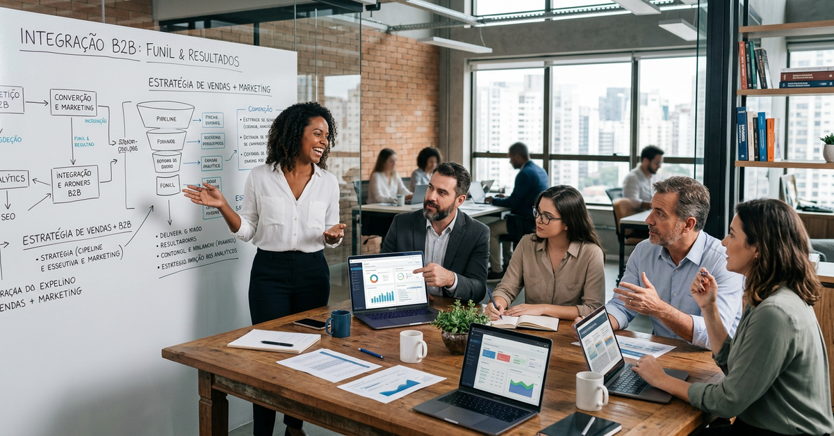 Equipe integrada de marketing e vendas B2B trabalhando em agência