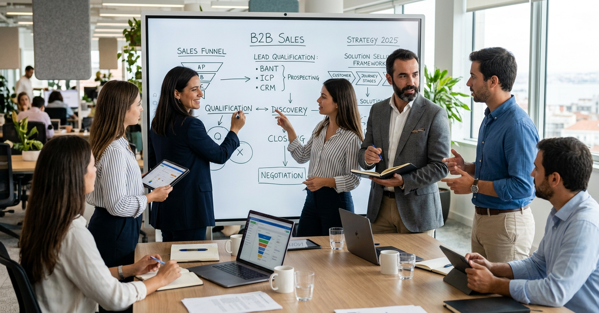 Equipe implementando metodologia de vendas B2B consultiva