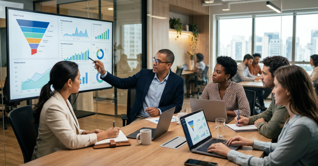 Agência de marketing B2B gerando leads qualificados em reunião estratégica