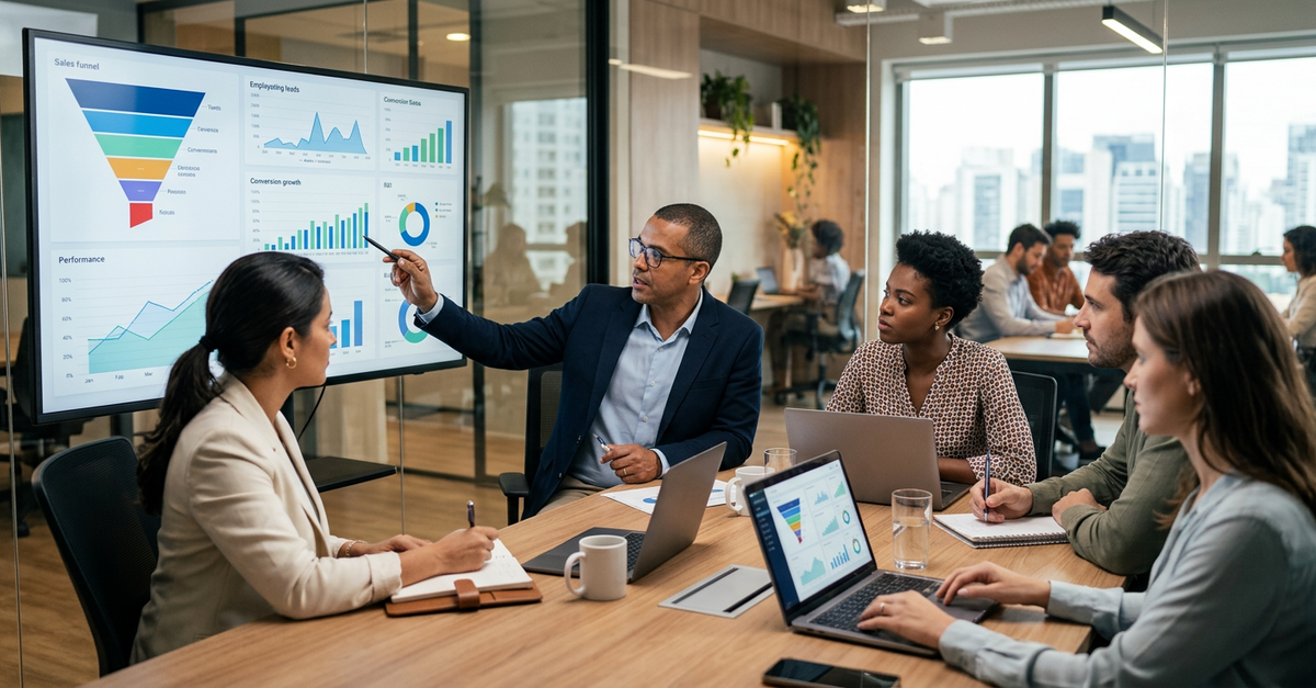 Agência de marketing B2B gerando leads qualificados em reunião estratégica