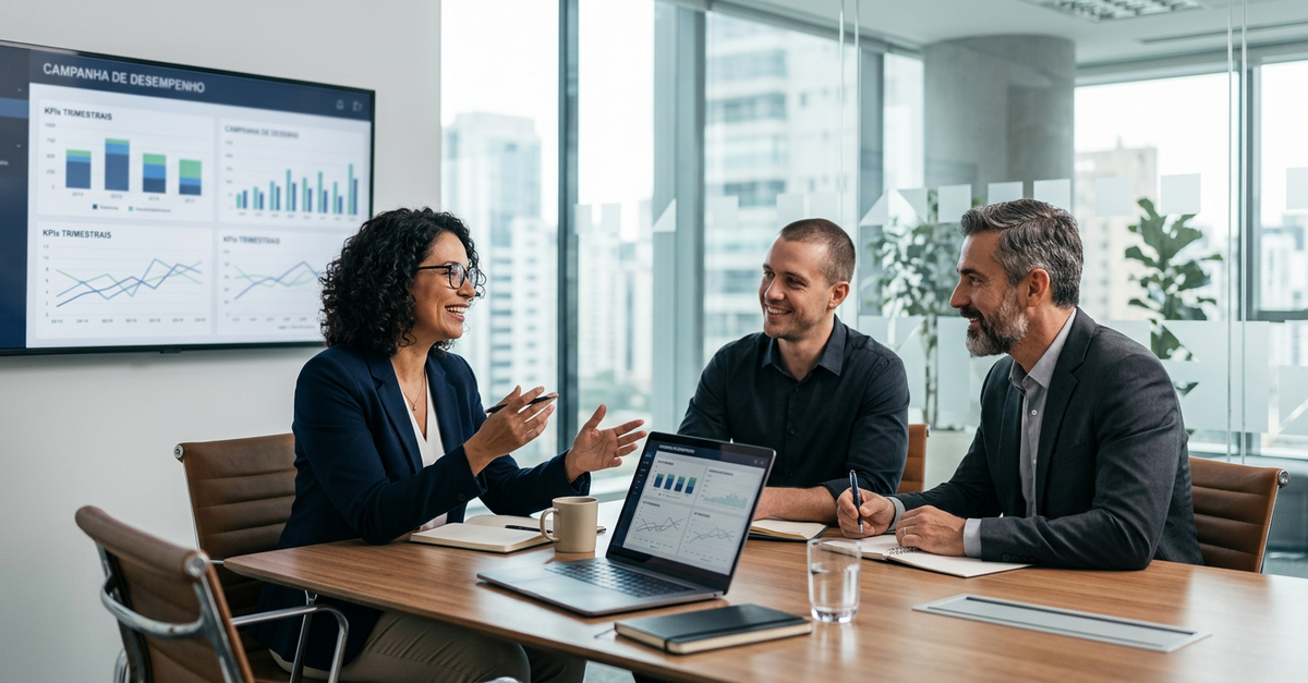 Reunião de vendas B2B resultante de estratégia de marketing digital