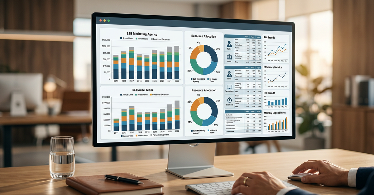 Análise de custo comparativo entre agência de marketing B2B e equipe interna com dados financeiros