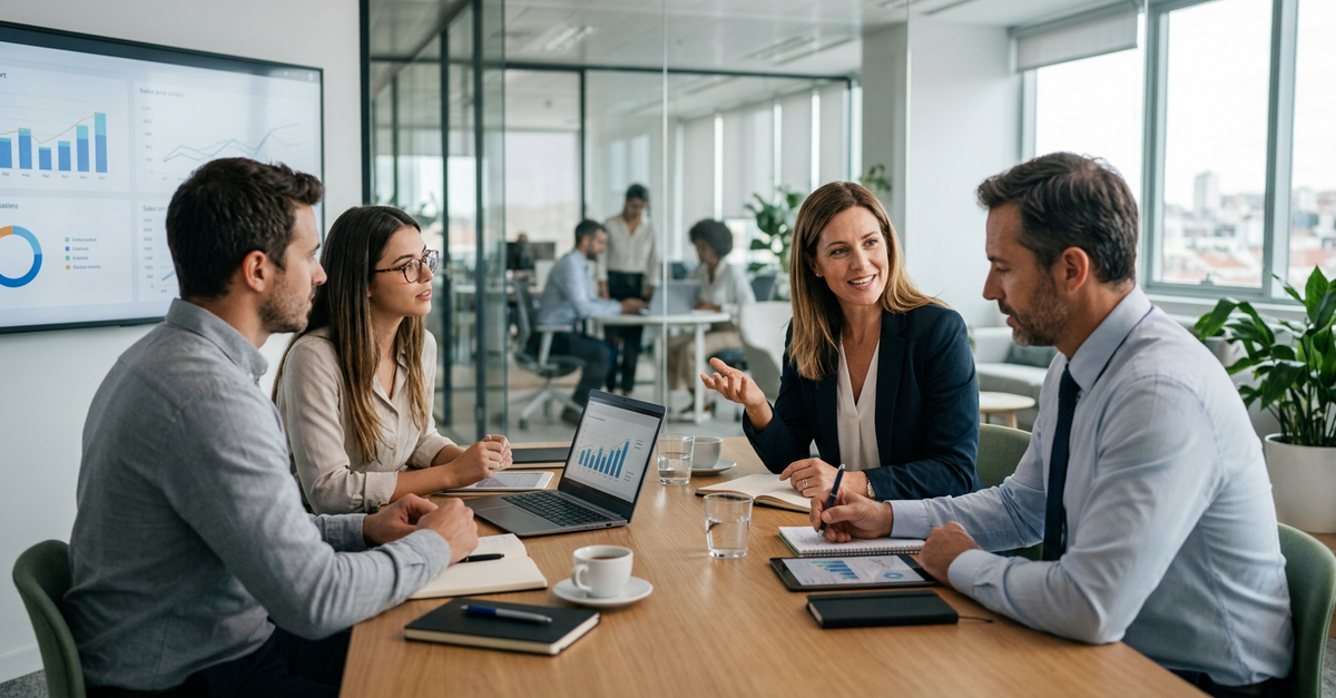Equipe comercial de pequena empresa em reunião de alinhamento estratégico